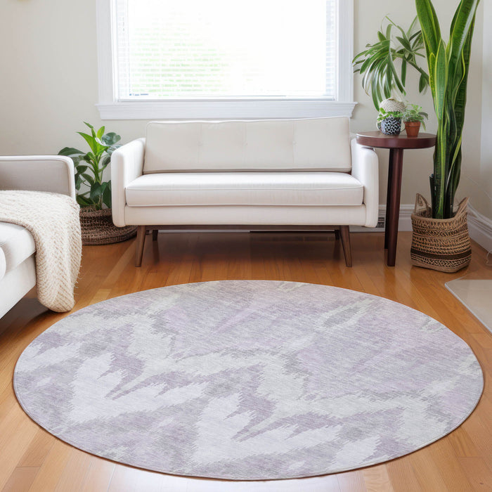 8' Ikat Washable Round Rug With UV Protection - Lavender And Silver