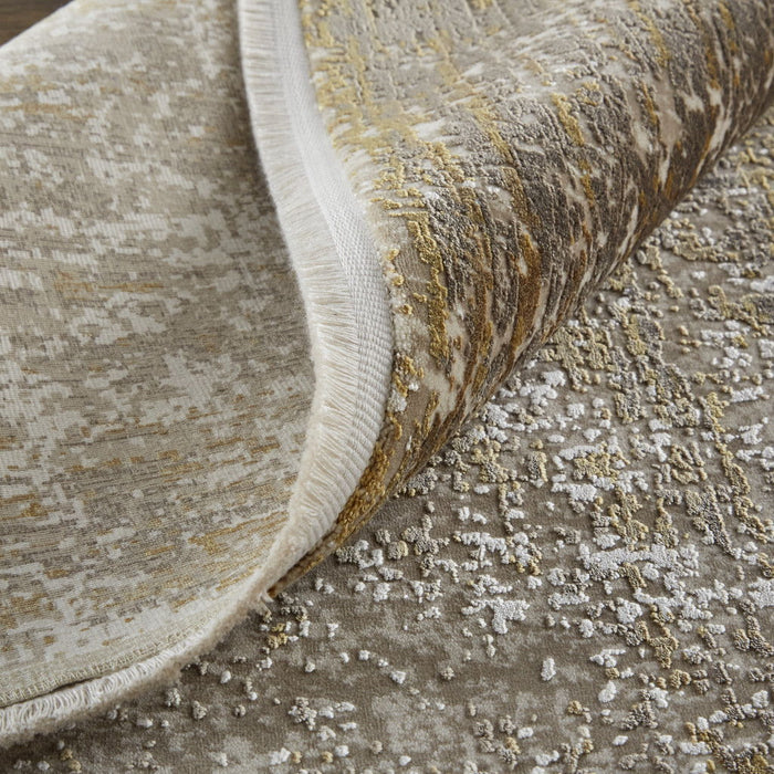 3' x 10' Abstract Runner Rug With Fringe - Taupe Ivory And Gold