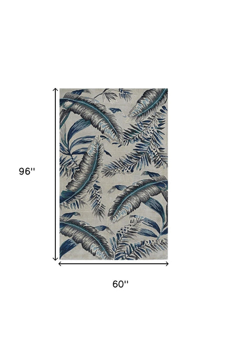 5' x 8' Wool Botanical Leaves Hand Tufted Area Rug - Blue And Gray