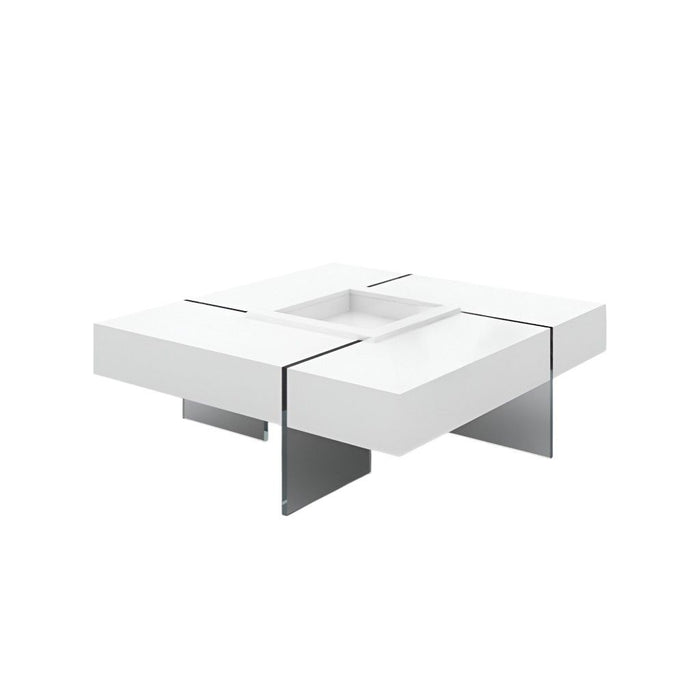47" Wood And Glass Square Sled Coffee Table - White / Clear