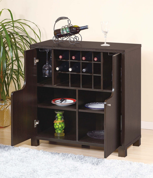 Giga red cocoa wine cabinet with two doors, removable wine bottle rack, metal wine glass racks, and four shelves for storage.