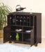 Giga red cocoa wine cabinet with two doors, removable wine bottle rack, metal wine glass racks, and four shelves for storage.