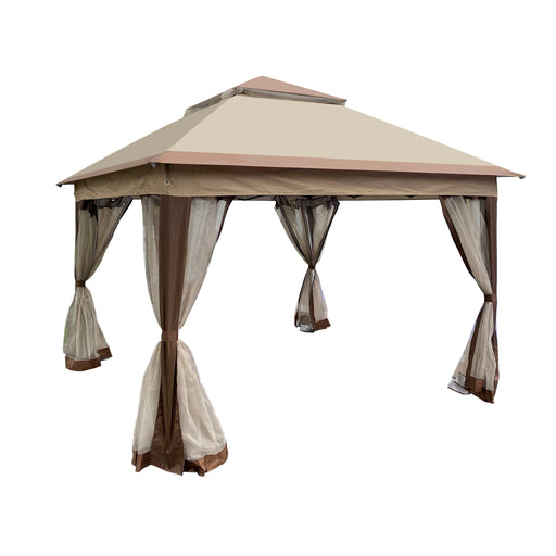 Giga outdoor pop-up gazebo canopy with two-tier soft top and removable zipper netting, providing shade and protection for outdoor gatherings.