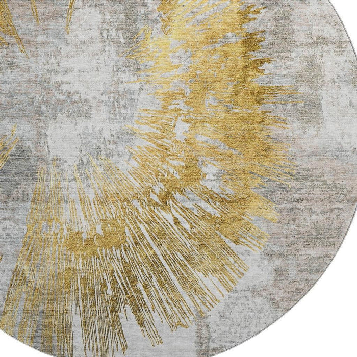 8' Abstract Washable Round Rug With UV Protection - Gold / Gray