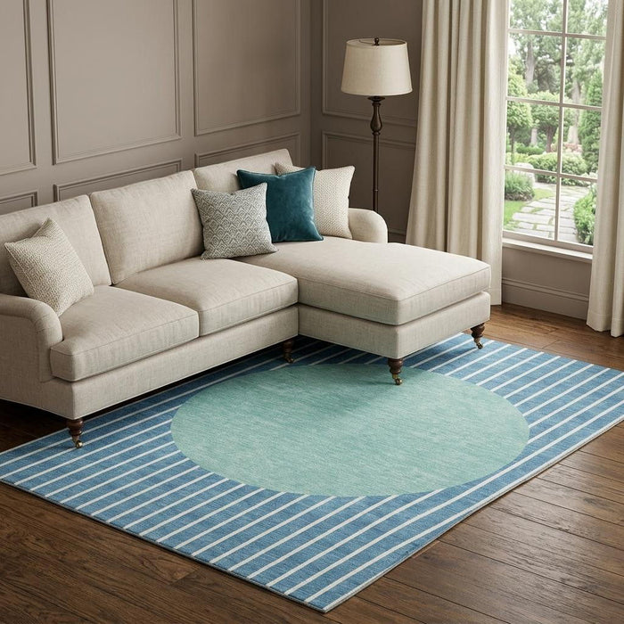10' X 14' Striped Washable Area Rug With UV Protection (678329) - Teal / Ivory / Aqua