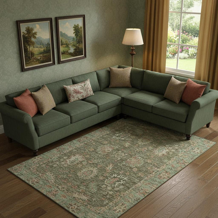 10' X 14' Oriental Washable Area Rug With UV Protection (717983) - Olive Green / Beige