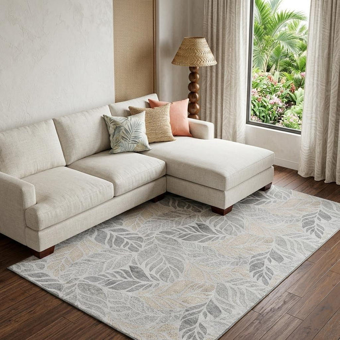 8' X 10' Tropical Botanical Distressed Washable Area Rug With UV Protection (646323) - Light Gray / Taupe / Charcoal