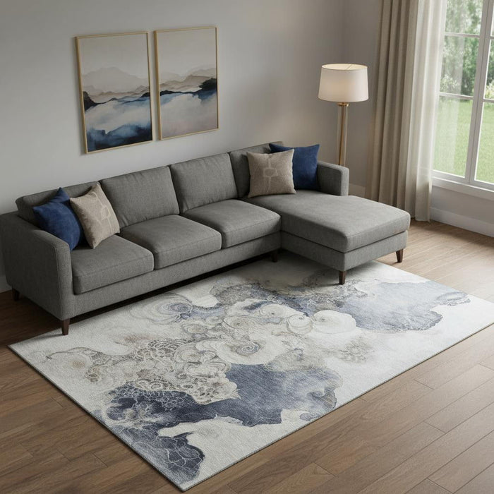 10' X 14' Abstract Washable Area Rug With UV Protection (706109) - Ivory / Blue