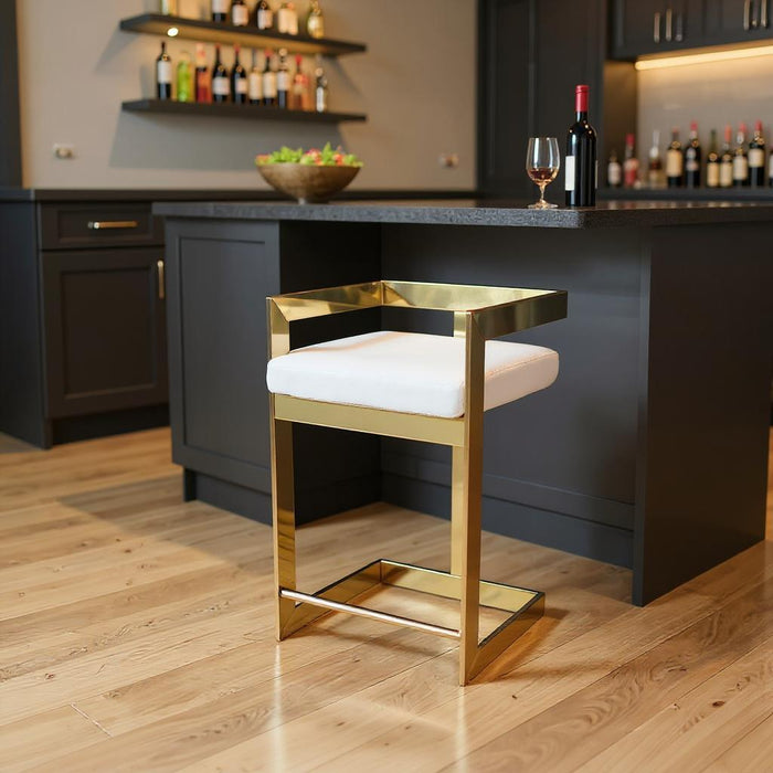 26" Metal And Velvet Low Back Counter Height Bar Chair - Gold / Gray