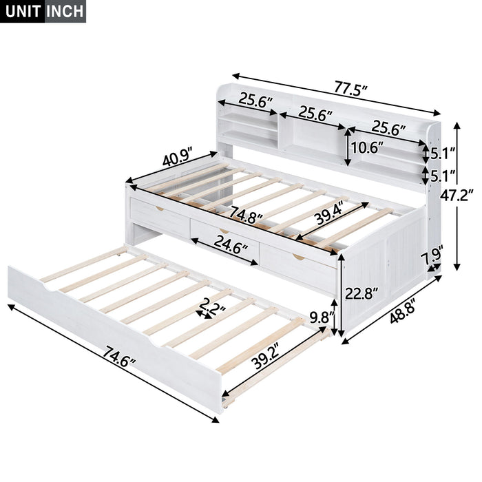 Giga Captain bed with built-in bookshelves, three storage drawers, and trundle for versatile sleeping and storage options.