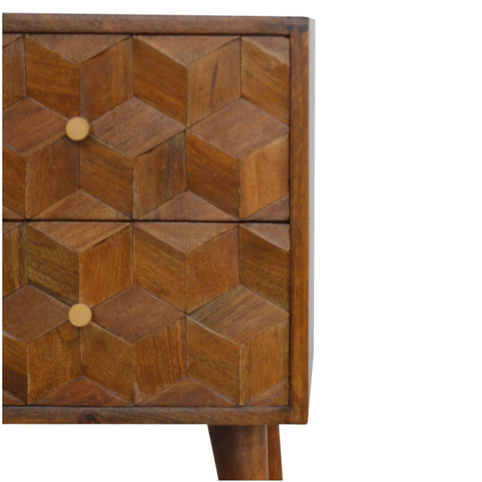 22" Solid Wood Carved Geometric Two Drawer Nightstand - Chestnut