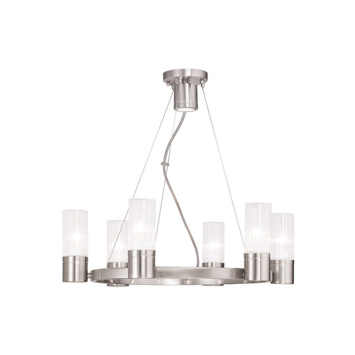 20" Six Light Metal Dimmable Chandelier With Shades - Nickel / Clear