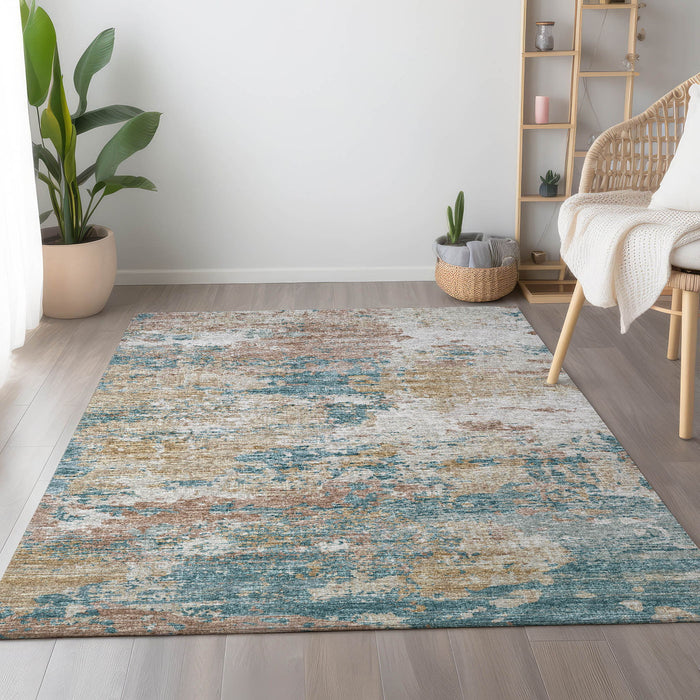 10' X 14' Copper Abstract Washable Area Rug With UV Protection - Teal Blue