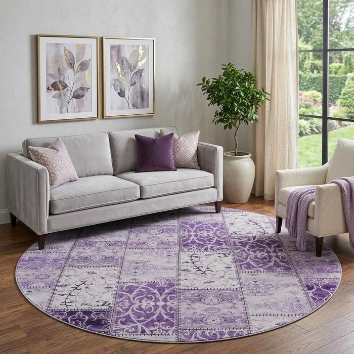 8' Patchwork Distressed Washable Round Rug With UV Protection (649579) - Purple / Ivory
