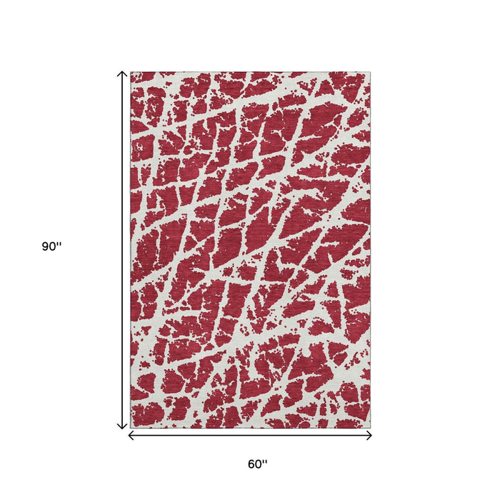 5' X 8' Abstract Washable Area Rug With UV Protection (646586) - Red / Ivory