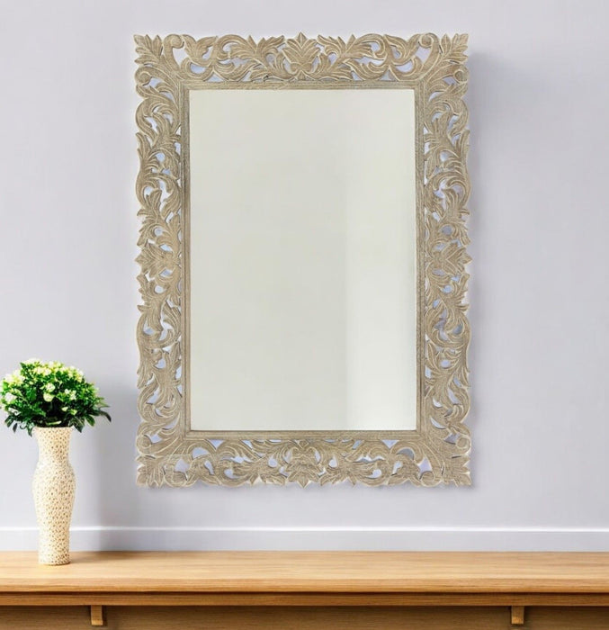 35" Floral Carved Solid Framed Accent Mirror - Gray