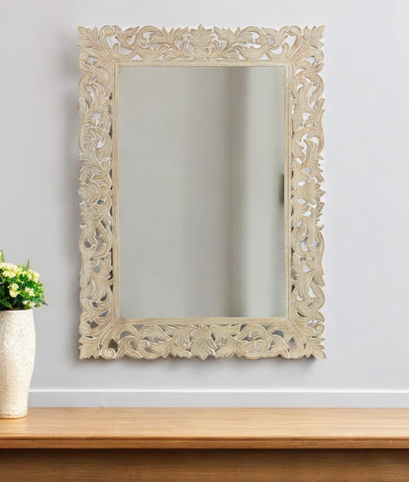 47" Antiqued Solid Carved Scrollwork Accent Mirror - White