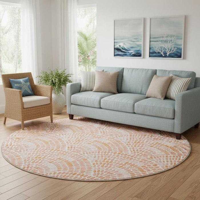 8' Geometric Washable Round Rug With UV Protection (645837) - Peach / Ivory