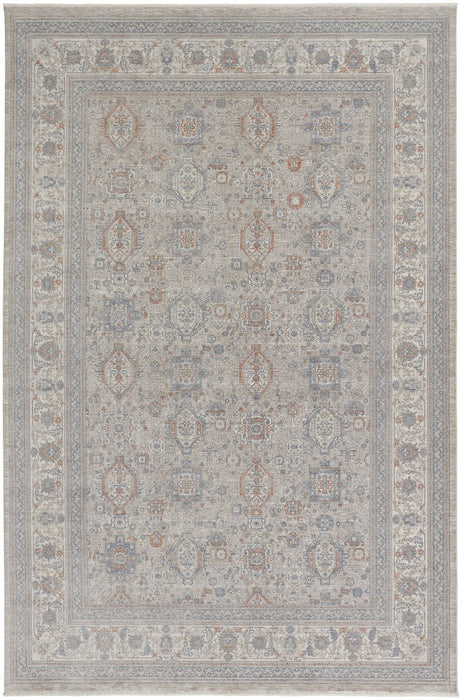 8' x 10' Oriental Power Loom Worn Faded Area Rug With Fringe - Silver Taupe And Blue