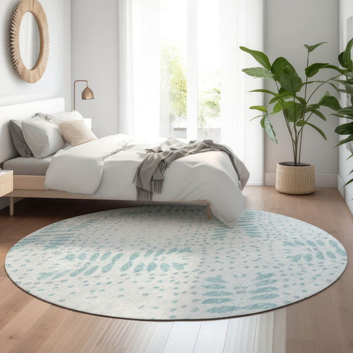 8' Floral Washable Round Rug With UV Protection - Teal / Ivory