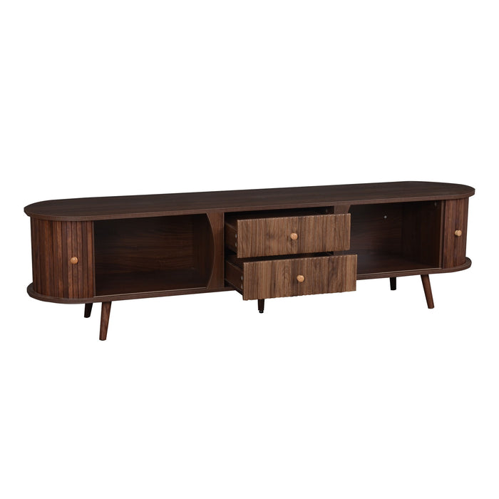 Dark brown Giga 70-inch TV stand with tambour doors and fluted drawers, featuring a sleek modern design.