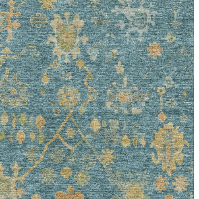 10' X 14' Floral Washable Area Rug With UV Protection (708457) - Teal / Gold / Blue