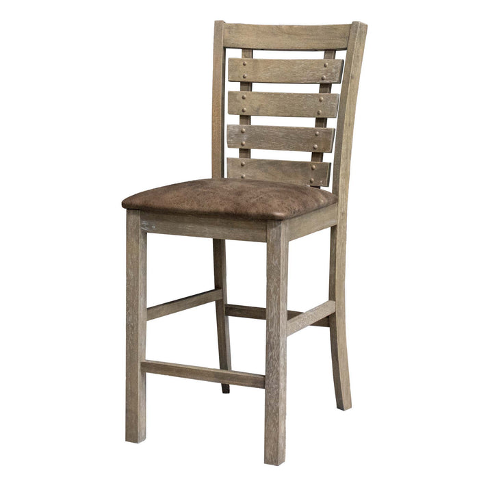 Set of two Giga farmhouse rustic grayish brown ladderback dining counter height chairs with distressed solid wood design.