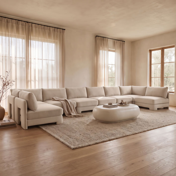 Beige Hammond velvet upholstered 8-piece U-shaped sectional sofa by Meridian Furniture, armless design, stationary living room seating