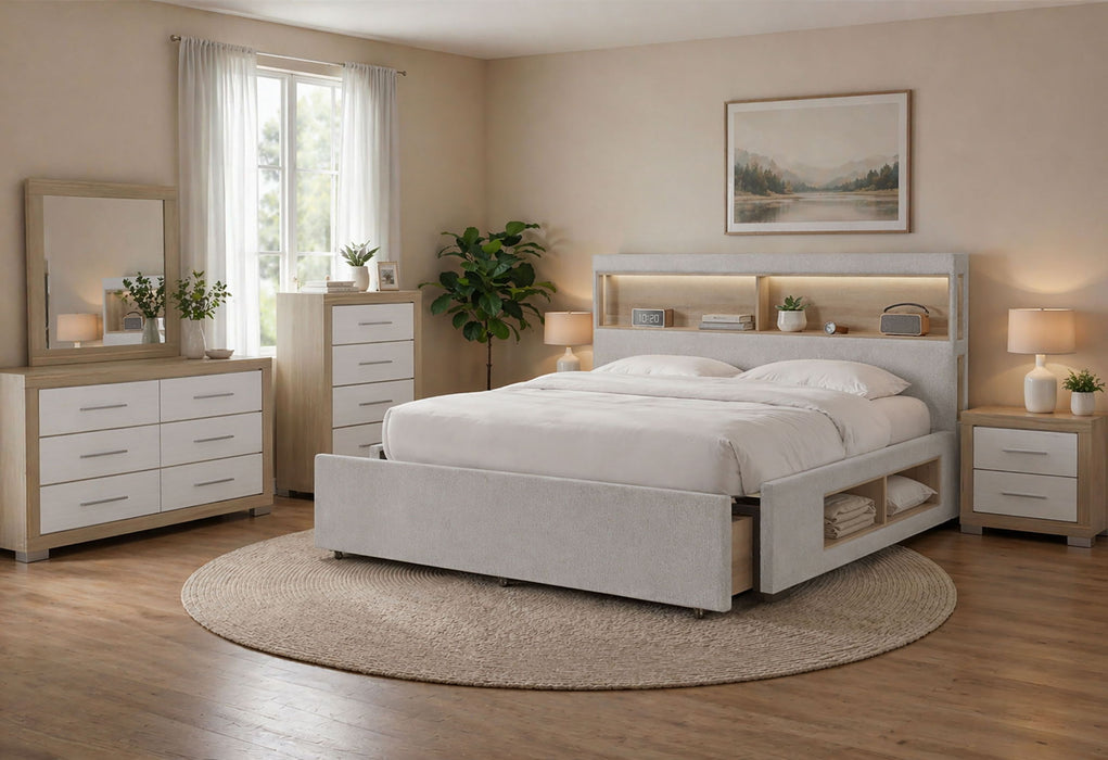 Sadie / Emma - 5 Piece Queen Bedroom Set (Bed, Dresser & Mirror, Nightstand, Chest) - Beige | Z Modern Furniture Store Sadie / Emma - 5 Piece Queen Bedroom Set (Bed, Dresser & Mirror, Nightstand, Chest) - Beige | Z Modern Furniture Store