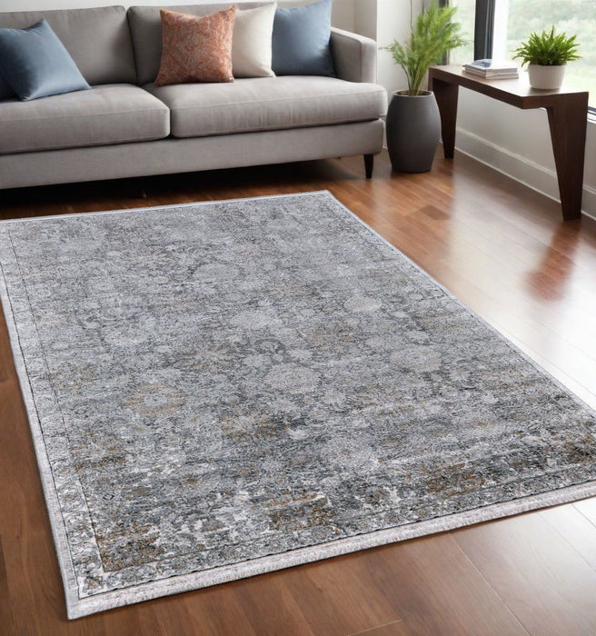 5' x 7' Damask Power Loom Worn Faded Area Rug - Gray And Silver