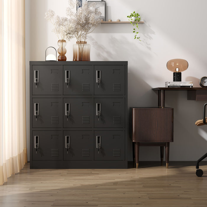 Black Giga 9-door employee storage locker with card slot, ideal for office, gym, school, or home use, featuring secure individual compartments.