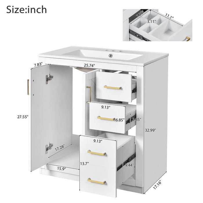 Giga bathroom vanity with sink, storage cabinet, three drawers, and soft-closing doors, freestanding set in a modern design.