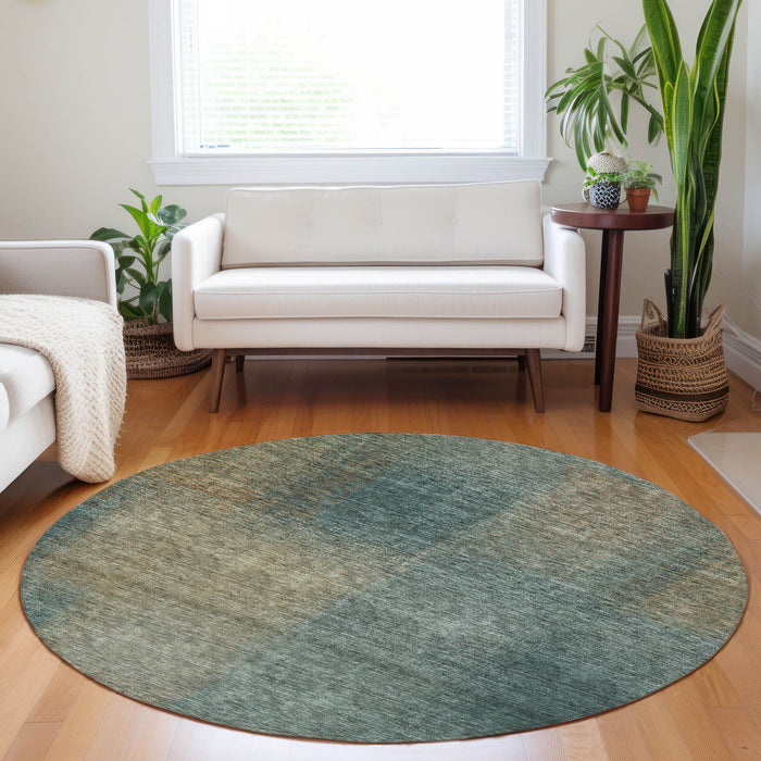 8' Abstract Washable Round Rug With UV Protection - Teal And Brown