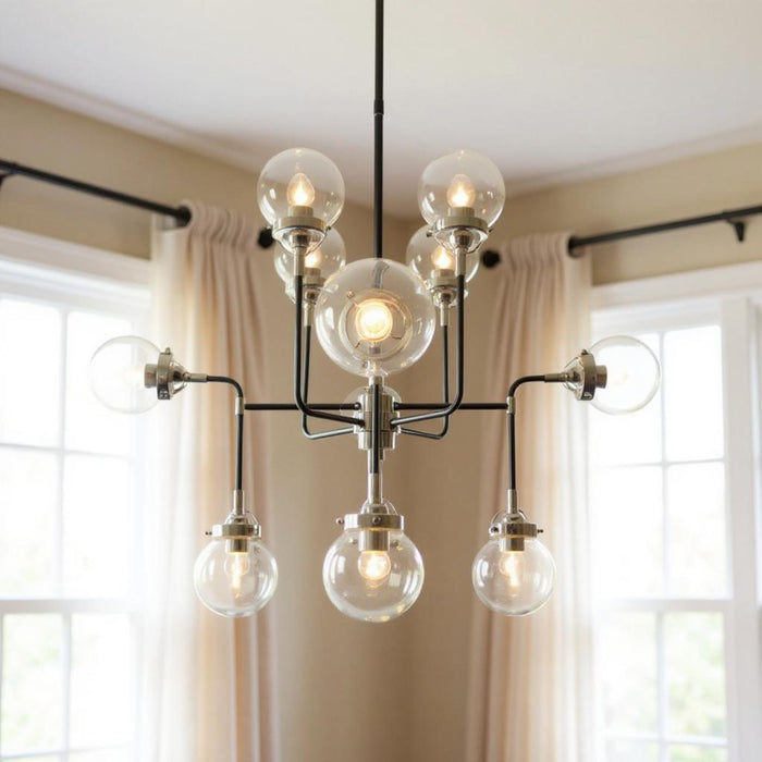 HomeRoots Sputnik eight-light metal chandelier with black and white shades, modern lighting fixture with a sleek design.