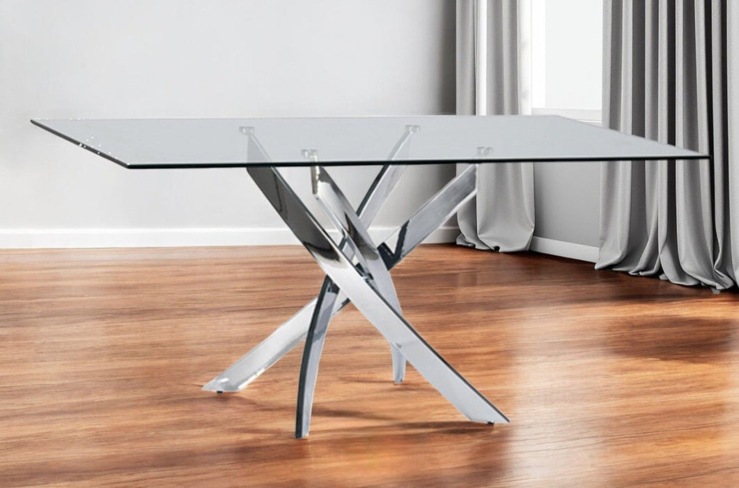 63" Glass And Stainless Steel Pedestal Base Dining Table - Silver