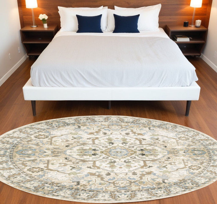 8' Round Oriental Power Loom Area Rug - Beige And Ivory