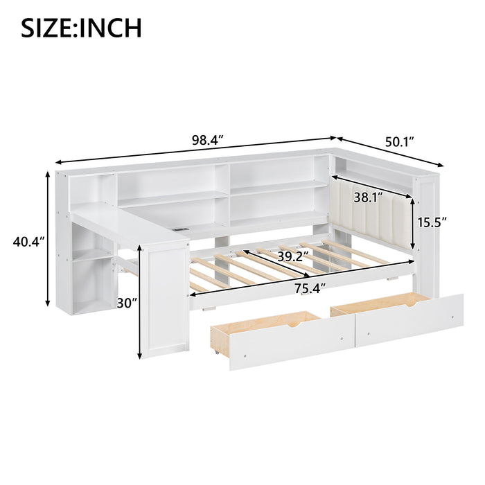 Giga platform storage bed with upholstered headboard, built-in desk, shelves, drawers, LED lighting, and charging station.