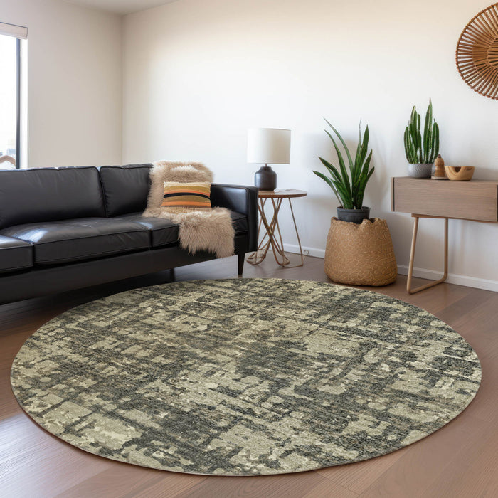 8' Abstract Washable Round Rug With UV Protection - Brown / Beige
