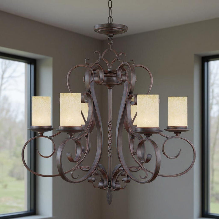 HomeRoots 27-inch bronze metal chandelier with six shades, dimmable lighting and elegant cream shades for stylish interior decor.