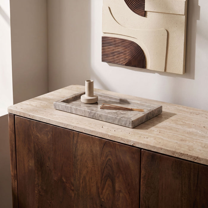 Meridian Furniture Nolan genuine travertine tray with raised edges, natural stone surface for serving or decorative use.
