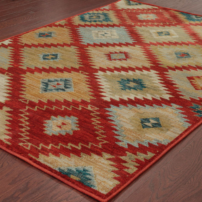 10' x 13' Geometric Power Loom Stain Resistant Area Rug - Red Green Gold Blue Teal And Ivory