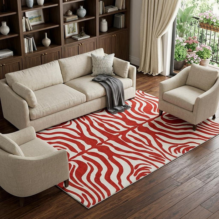 10' X 14' Animal Print Washable Area Rug With UV Protection (681803) - Red / Ivory