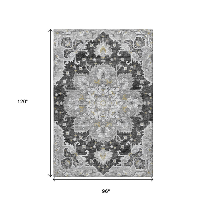 8' X 10' Floral Medallion Distressed Washable Area Rug With UV Protection (644548) - Graphite / Gold / Charcoal
