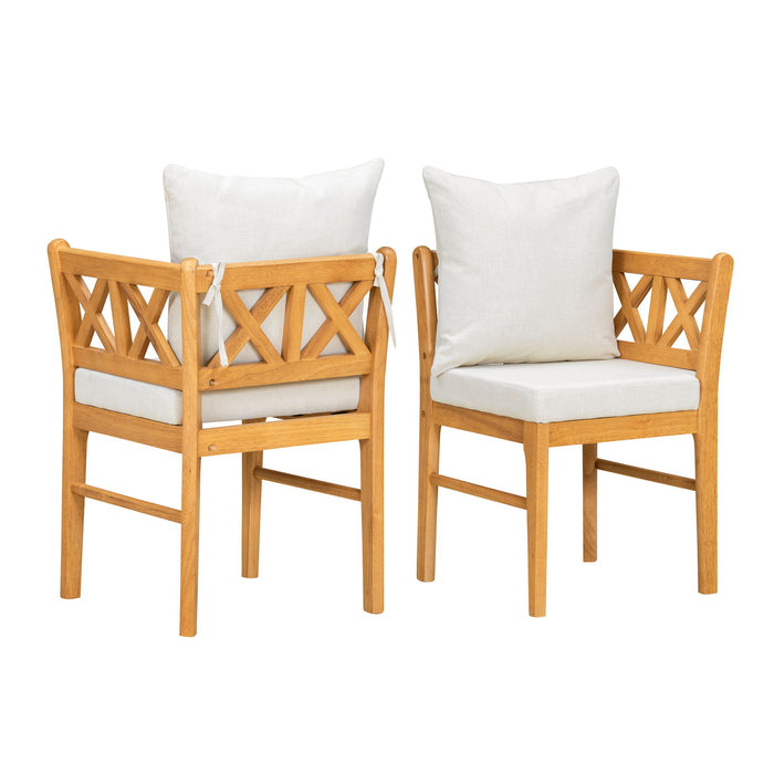Set of two Giga farmhouse modern dining corner chairs with handwoven rattan backrests and solid wood legs in natural and white finish.