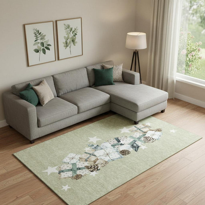 10' X 14' Geometric Washable Area Rug With UV Protection (702341) - Artichoke Green / Beige / Ivory