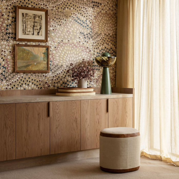 Natural Huche cotton jute and vegan leather oval upholstered ottoman by TOV Furniture with plush cushioning and stylish design.