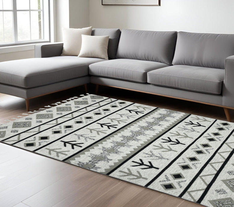 9' X 12' Wool Tribal Flatweave Handmade Area Rug With Fringe - Ivory