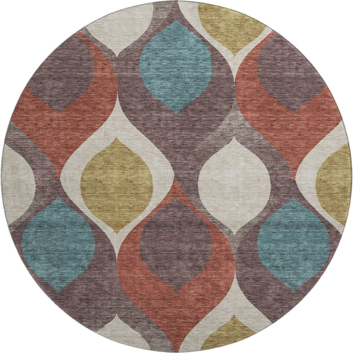 8' Ogee Washable Round Rug With UV Protection - Brown