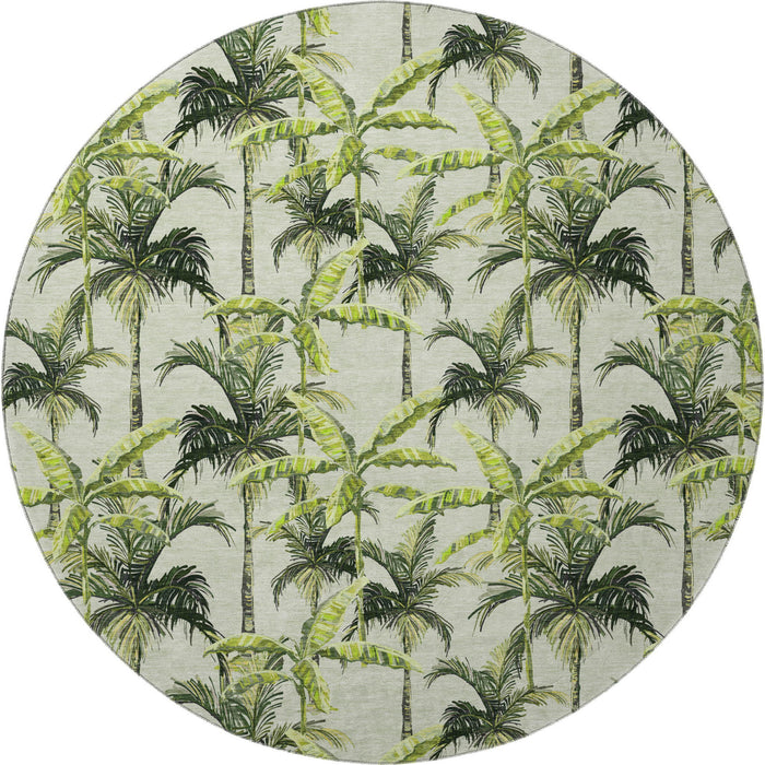 8' Geometric Washable Round Rug With UV Protection (646364) - Green / Ivory / Charcoal