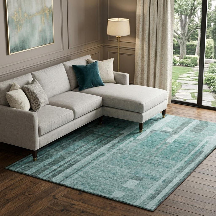 10' X 14' Striped Washable Area Rug With UV Protection (683297) - Teal / Aqua